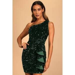 LOWEST PRICE Dark Green Sequin Velvet One-shoulder Mini Dress - Size L